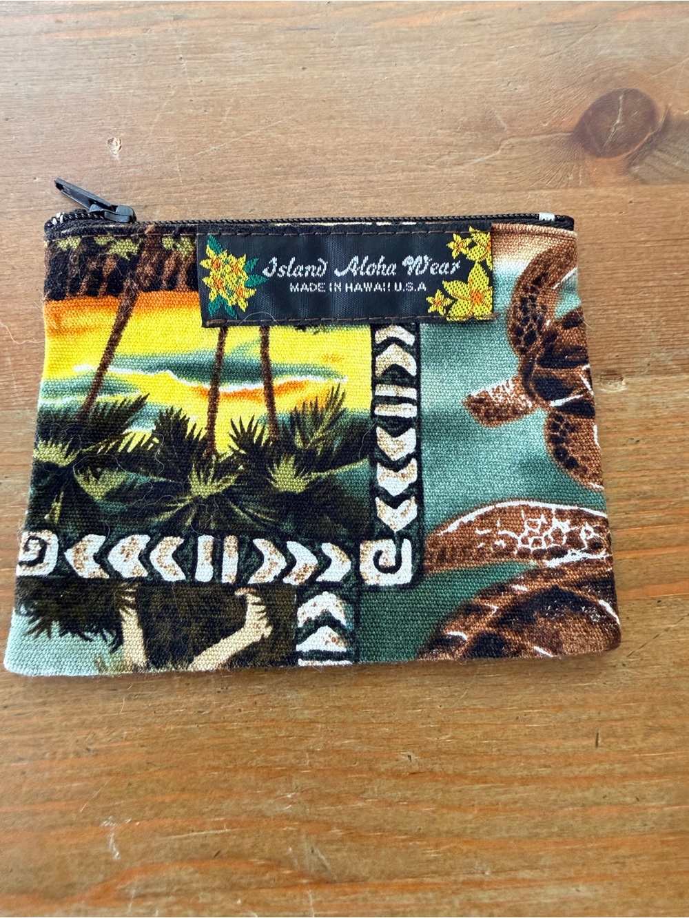 Island Aloha Wear Hawaiian Print Coin Pouch Card Wallet Teal & Brown Palm Trees